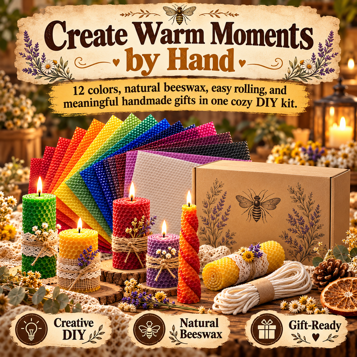 DIY Natural Beeswax Candle Making Kit – 12 Colorful Wax Sheets + 12 Wicks, Easy Handmade Gifts