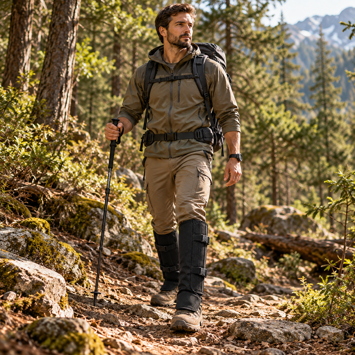Hiker wearing tactical lower-leg gaiters with full outdoor backpack on mountain forest trail