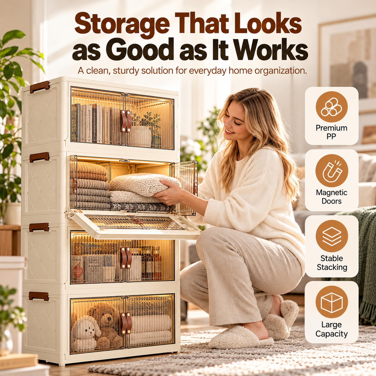 Large Capacity Foldable Storage Cabinet with Magnetic Doors & Stackable Design