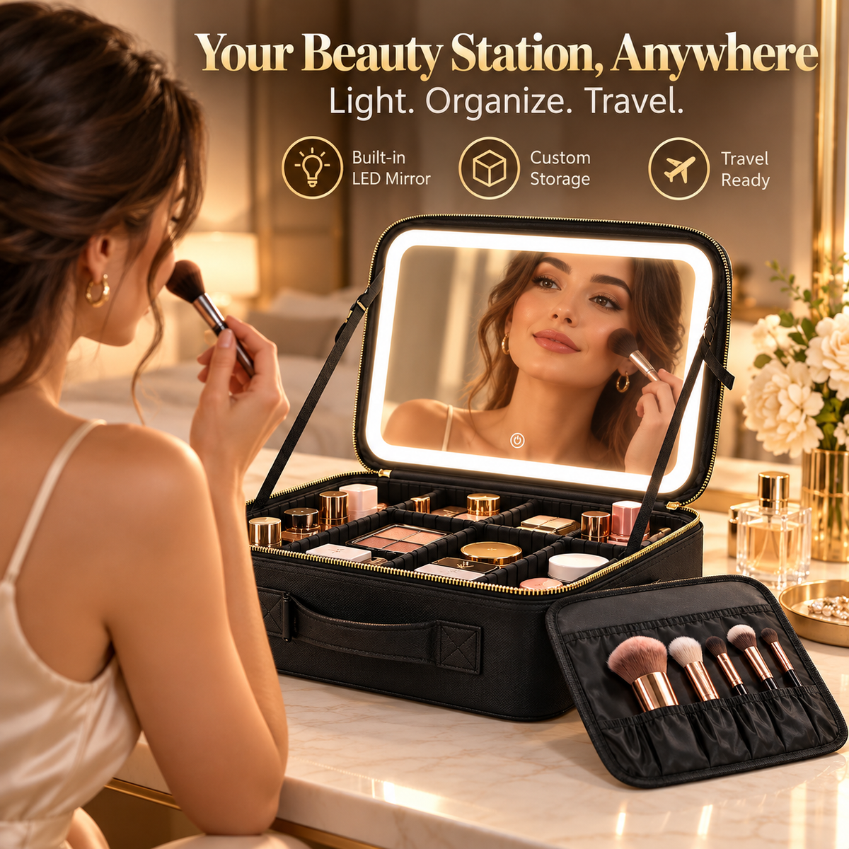 Portable Makeup Train Case with LED Lighted Mirror, 3 Lighting Modes & Adjustable Dividers