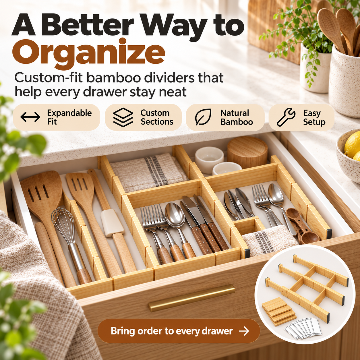 Adjustable Bamboo Drawer Dividers for Kitchen and Home