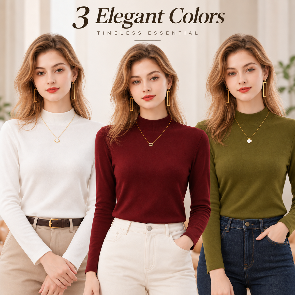 Women's Slim-Fit Mock Neck Knit Top （3pack）