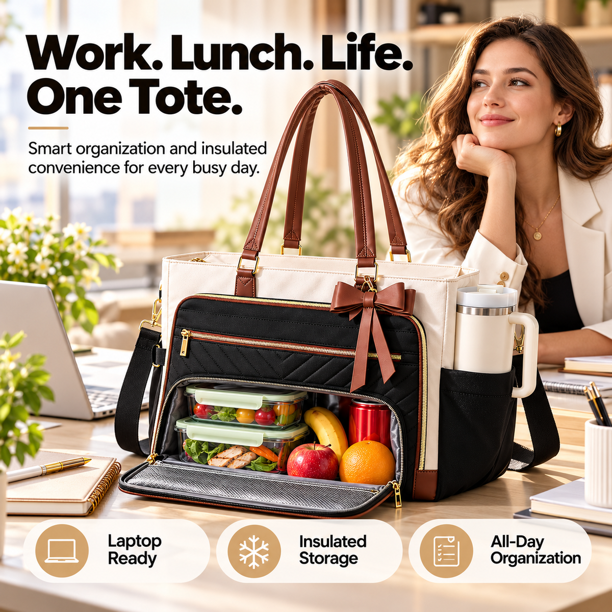 👜 2-in-1 Insulated Work Tote Bag with Lunch Compartment, 17.3" Laptop Sleeve & 40oz Cup Holder