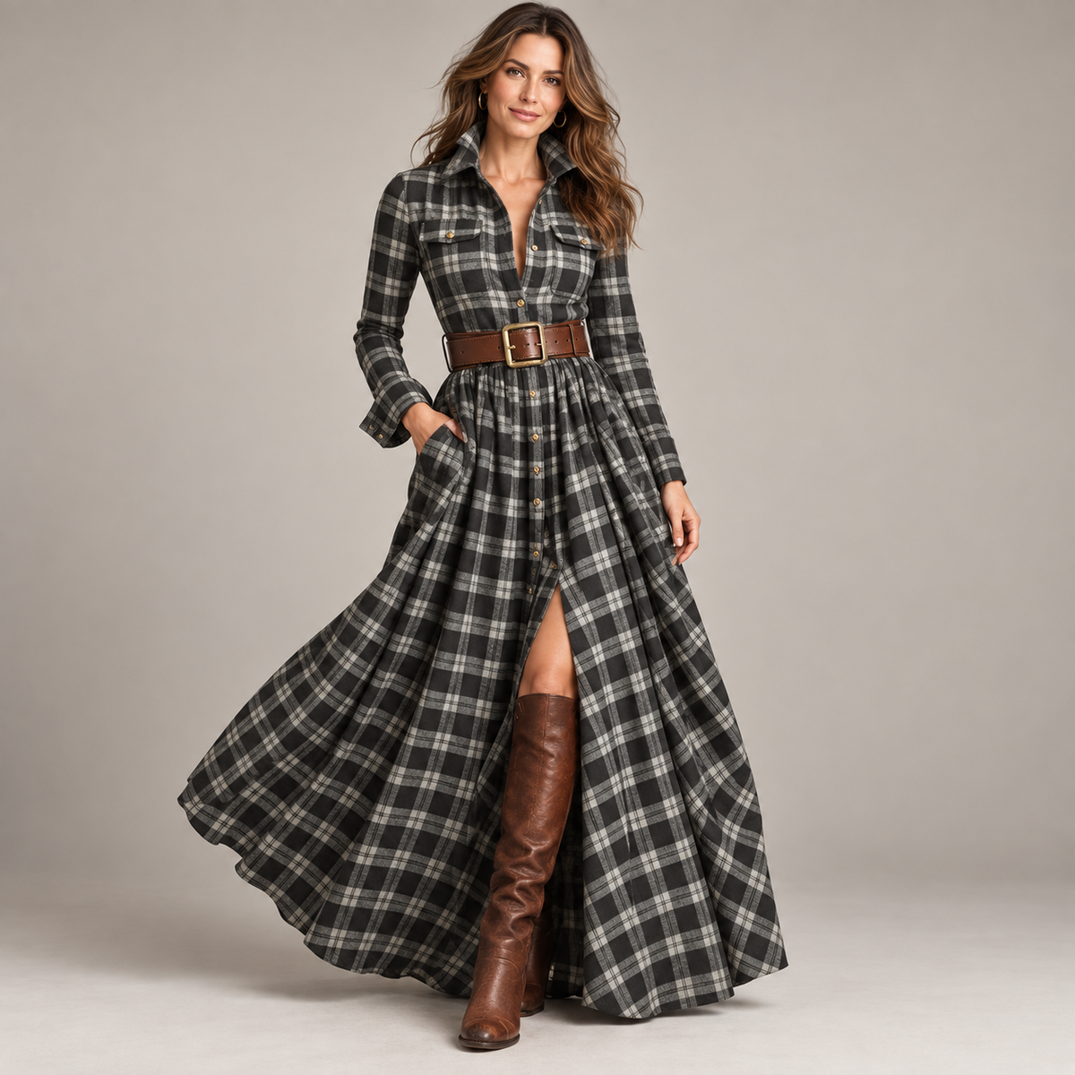 Vintage Plaid Button-Front Maxi Dress – Belt Included