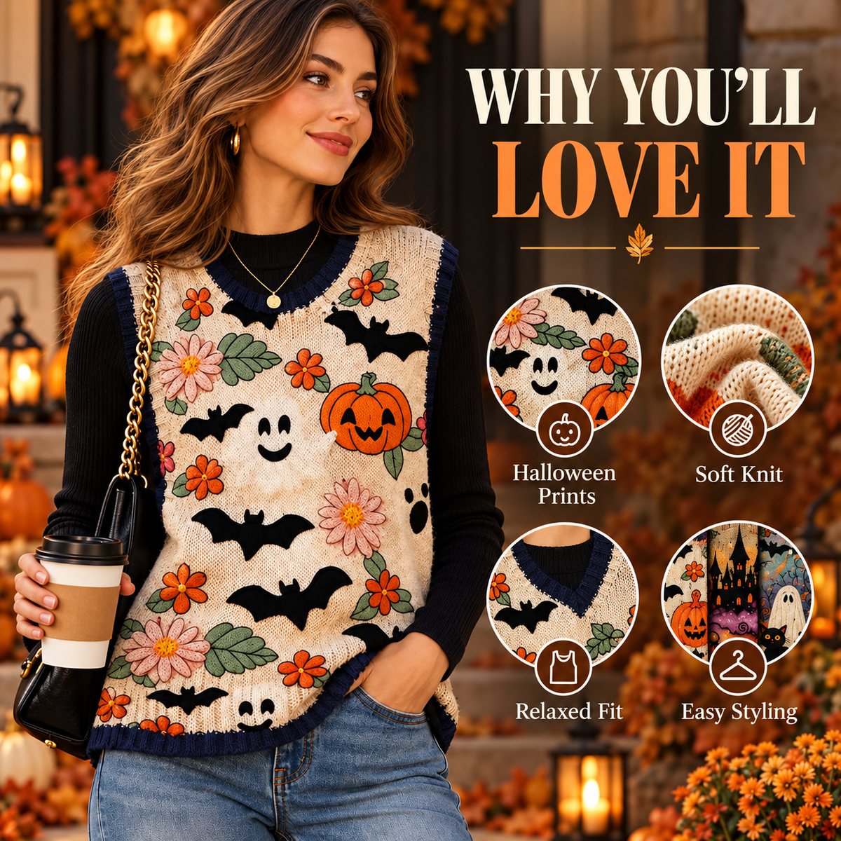 Women’s Halloween Knit Sweater Vest – Cozy Spooky Layering Top for Fall Outfits