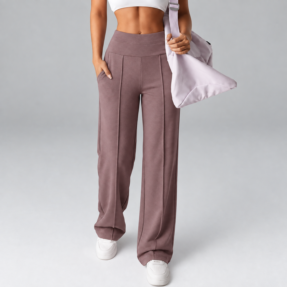 Women’s High-Rise Wide-Leg Comfort Pants with Pockets, Stretch Fit & Front Seams
