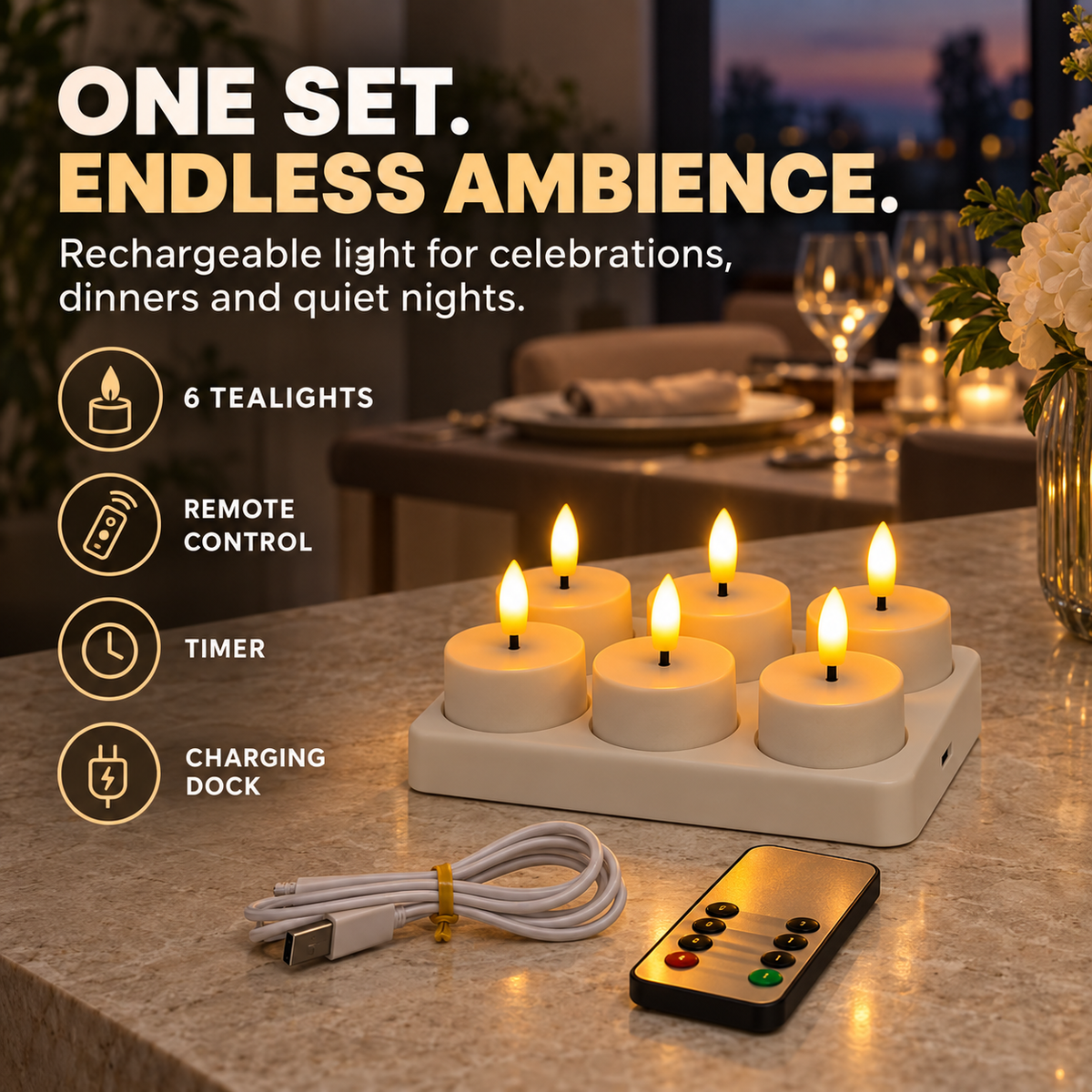 🕯️12pcs Rechargeable Flameless Tealight Candle with Remote Control, Charging Station🕯️