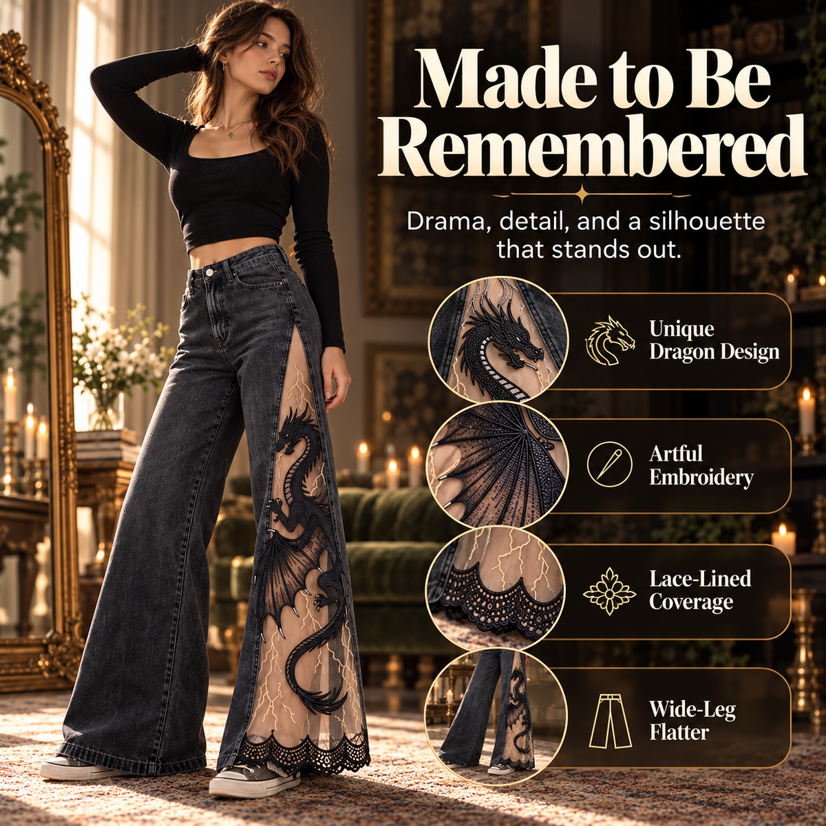 Women's Gothic Dragon Embroidered Jeans – Lace-Panel Wide-Leg Denim