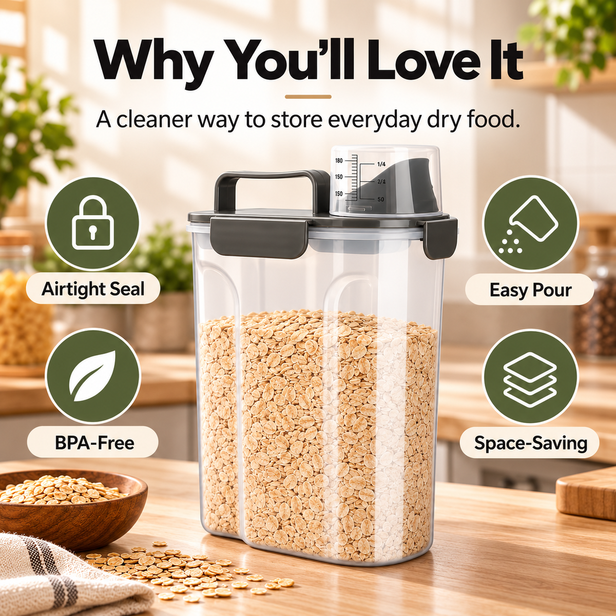 Airtight Dry Food Storage Container with Measuring Cup & Pour Spout