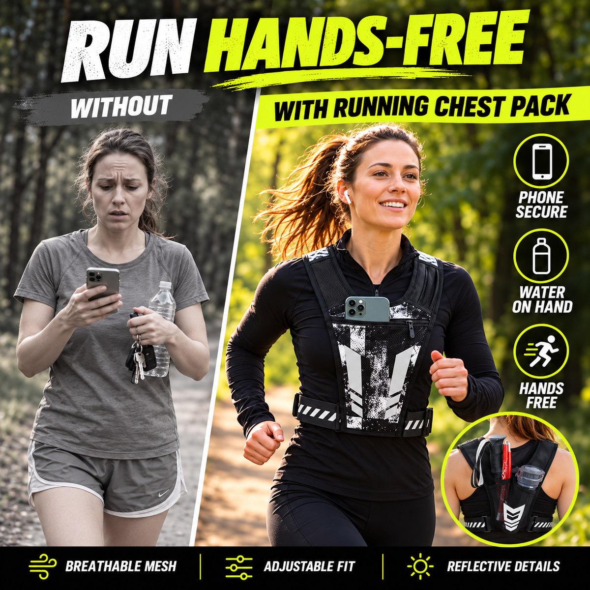 Runner carrying items by hand compared with hands-free reflective running chest vest