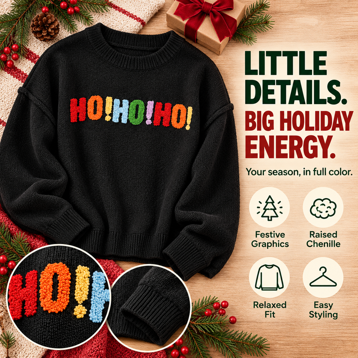 🎄 Women's Oversized Christmas Sweater – Colorful Chenille HO HO HO & MERRY CHRISTMAS Graphic Knit Pullover