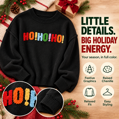 🎄 Women's Oversized Christmas Sweater – Colorful Chenille HO HO HO & MERRY CHRISTMAS Graphic Knit Pullover