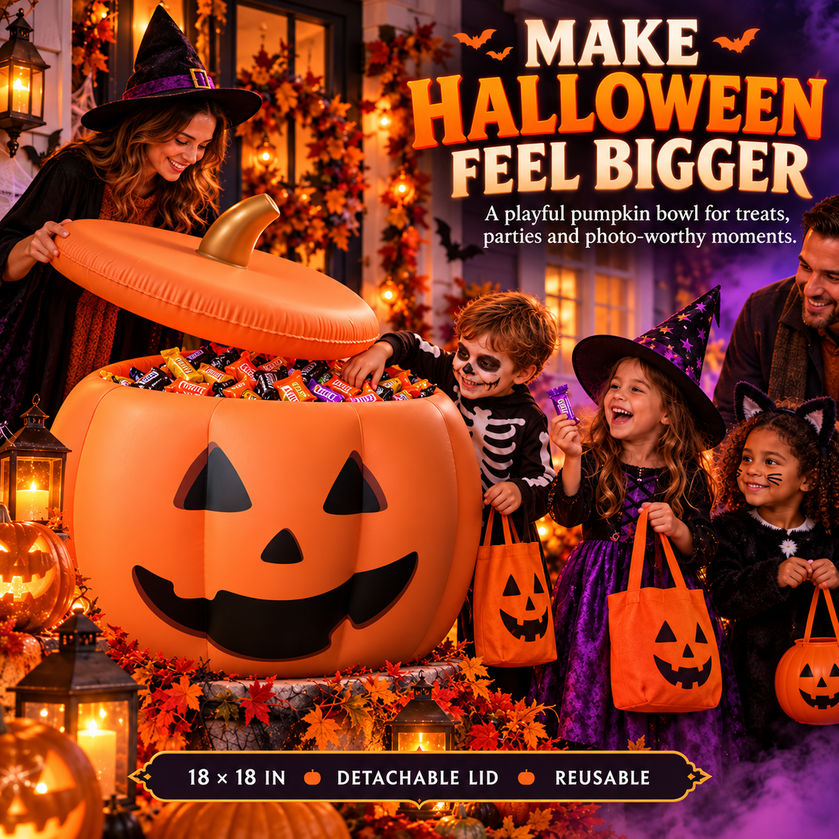 Inflatable Pumpkin Bucket with Detachable Lid & Reusable Design