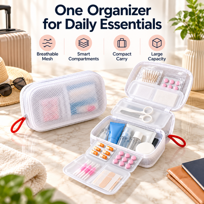 Portable Multi-Compartment Travel Organizer Bag for Toiletries, Medicine & Daily Essentials