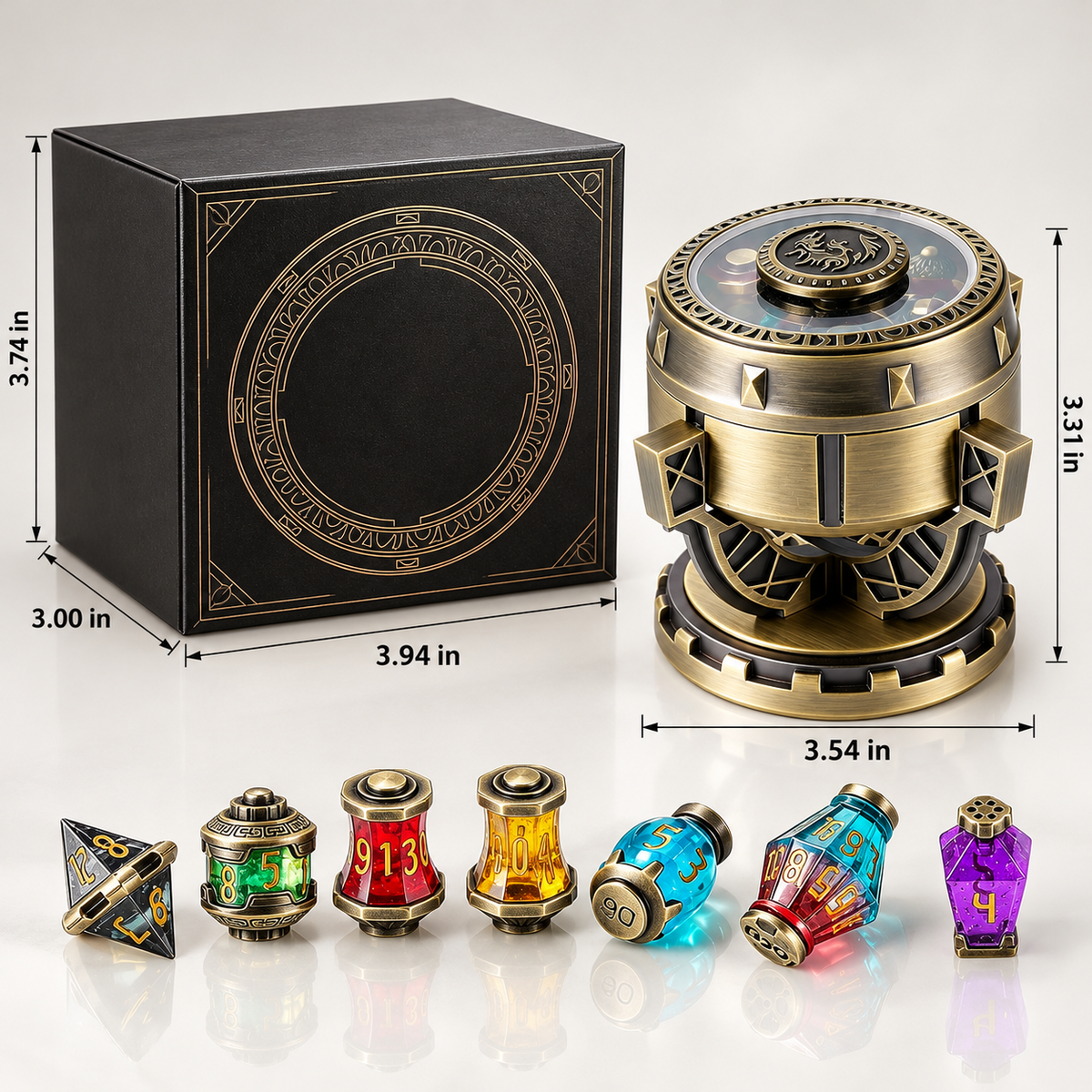 Alchemist’s Metallic Elixir DND Dice Set with Spinning Chalice & Liquid-Core Potion Dice