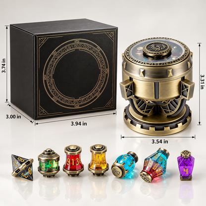 Alchemist’s Metallic Elixir DND Dice Set with Spinning Chalice & Liquid-Core Potion Dice