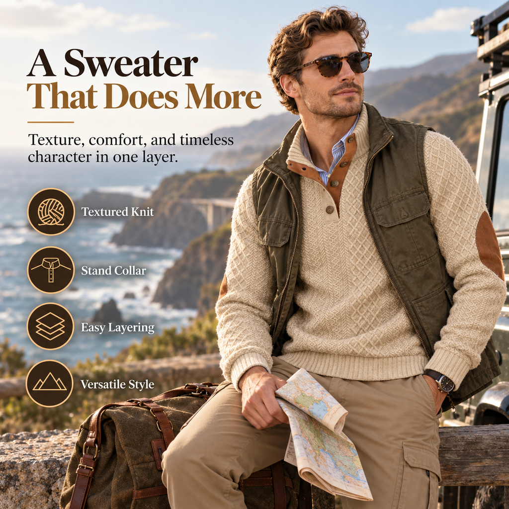 Men's Jacquard Stand Collar Pullover Sweater