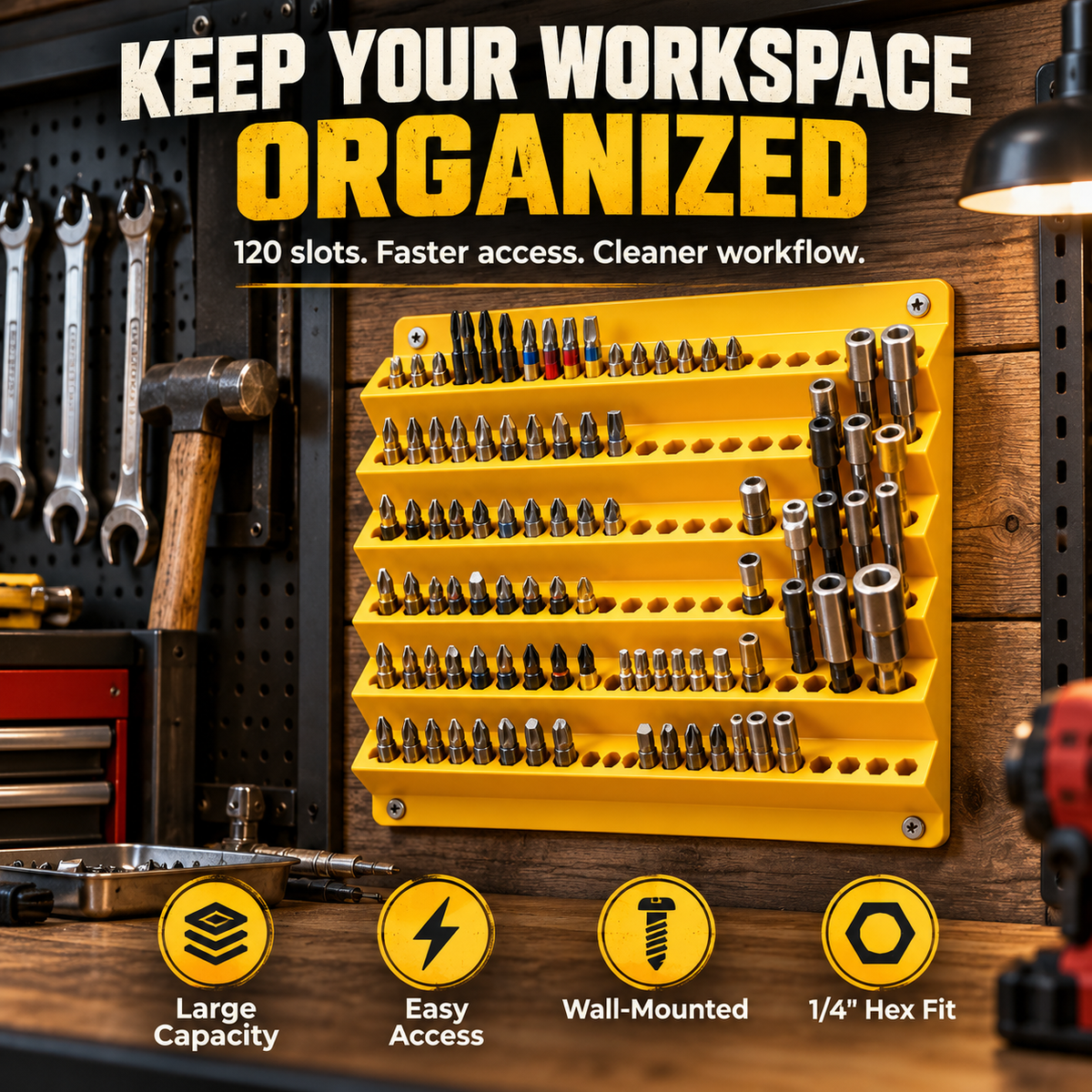 120-Slot Wall-Mounted Drill Bit Organizer – 6-Tier Hex Bit Holder for Garage & Workshop