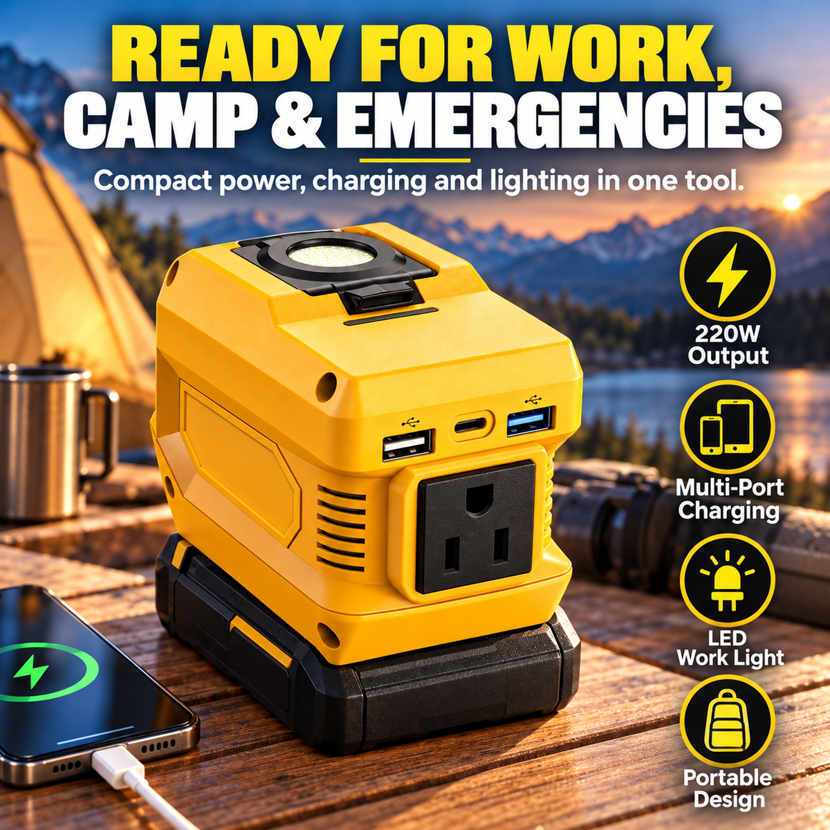 220W Portable Power Inverter with USB-C, Dual USB Ports & LED Work Light