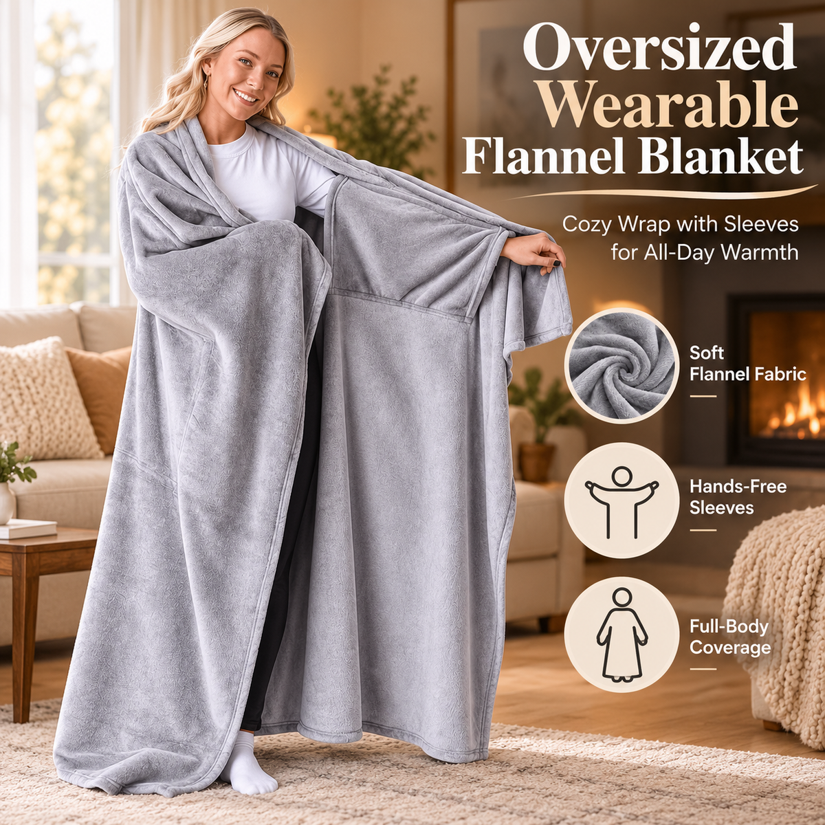 Oversized Wearable Flannel Blanket – Cozy Wrap with Sleeves