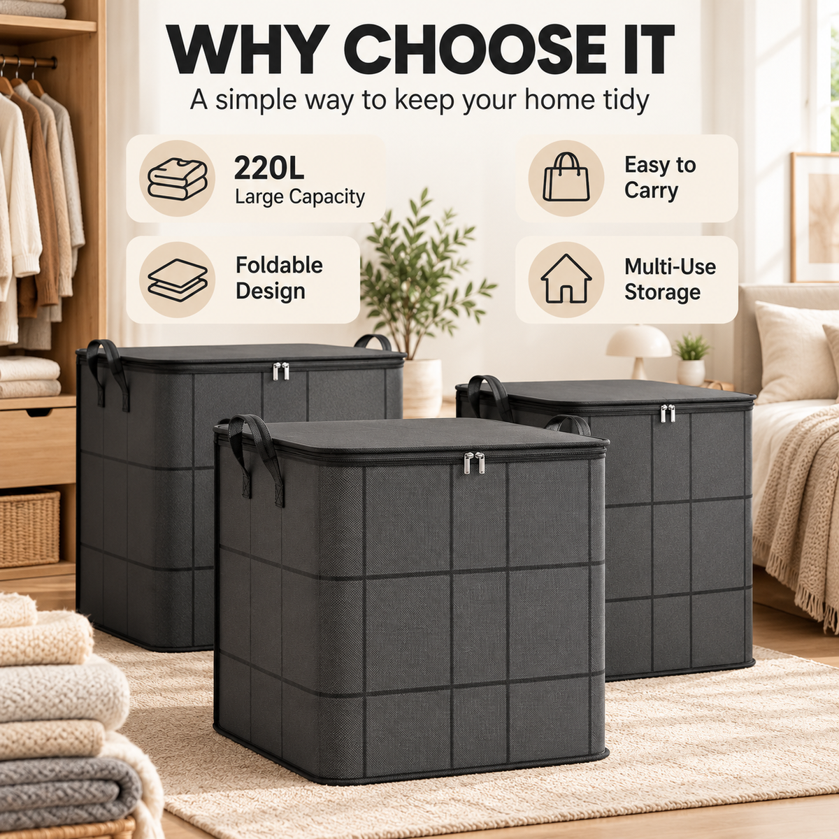 220L Foldable Storage Bag – Extra Large Organizer for Clothes, Blankets & Bedding