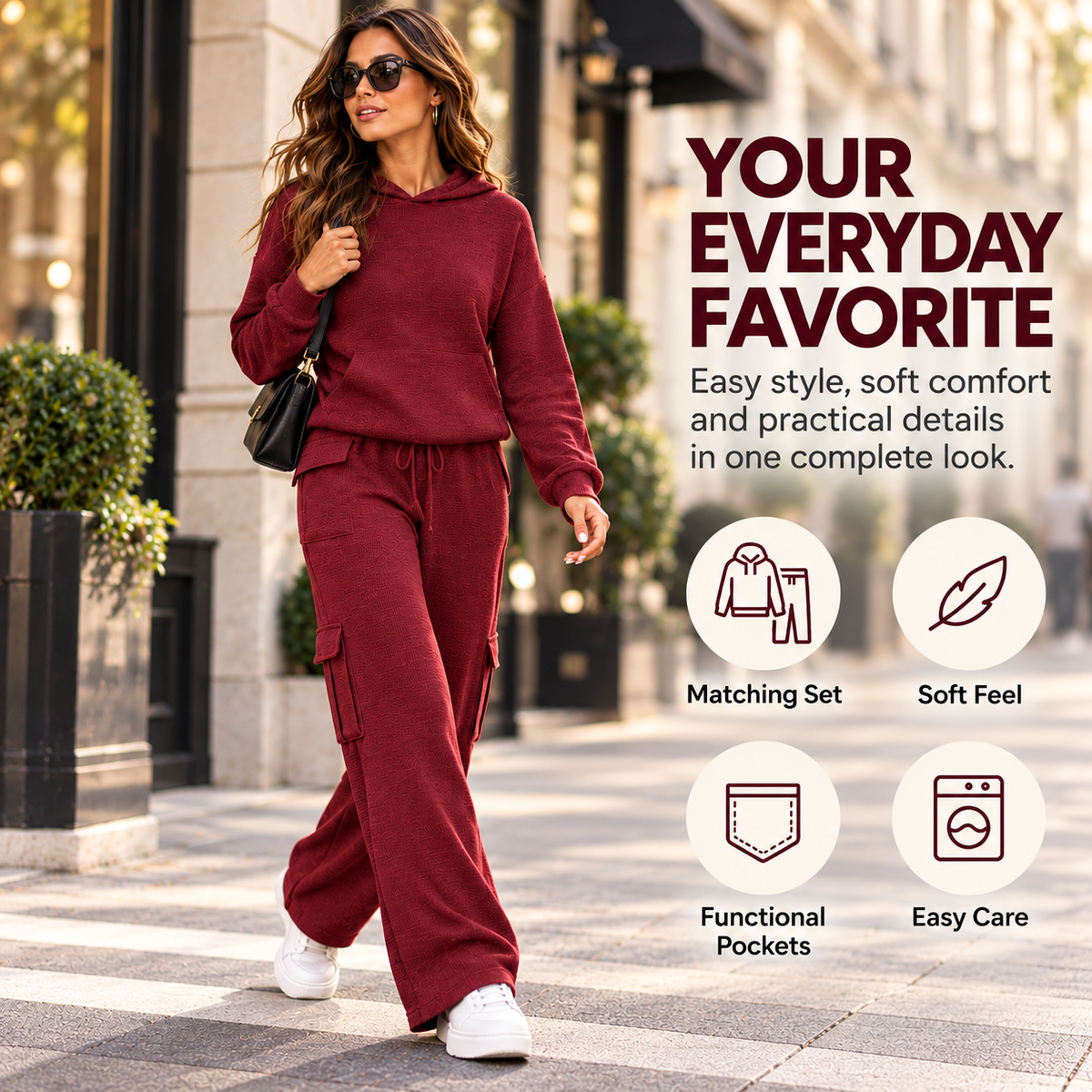 Women’s Soft Hooded Lounge Set with Wide-Leg Cargo Pants & Pockets