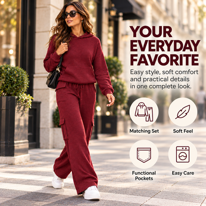 Women’s Soft Hooded Lounge Set with Wide-Leg Cargo Pants & Pockets