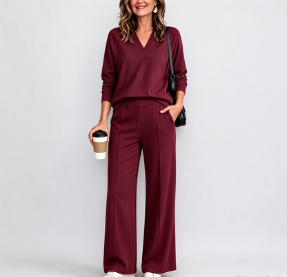 The Tailored V-Neck & Pintuck Wide-Leg Two-Piece Commuter Set