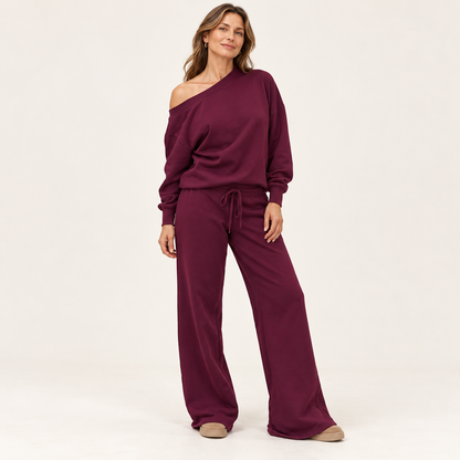 Women's 2-Piece Off-Shoulder Lounge Set – Wide Leg Pants & Sweatshirt