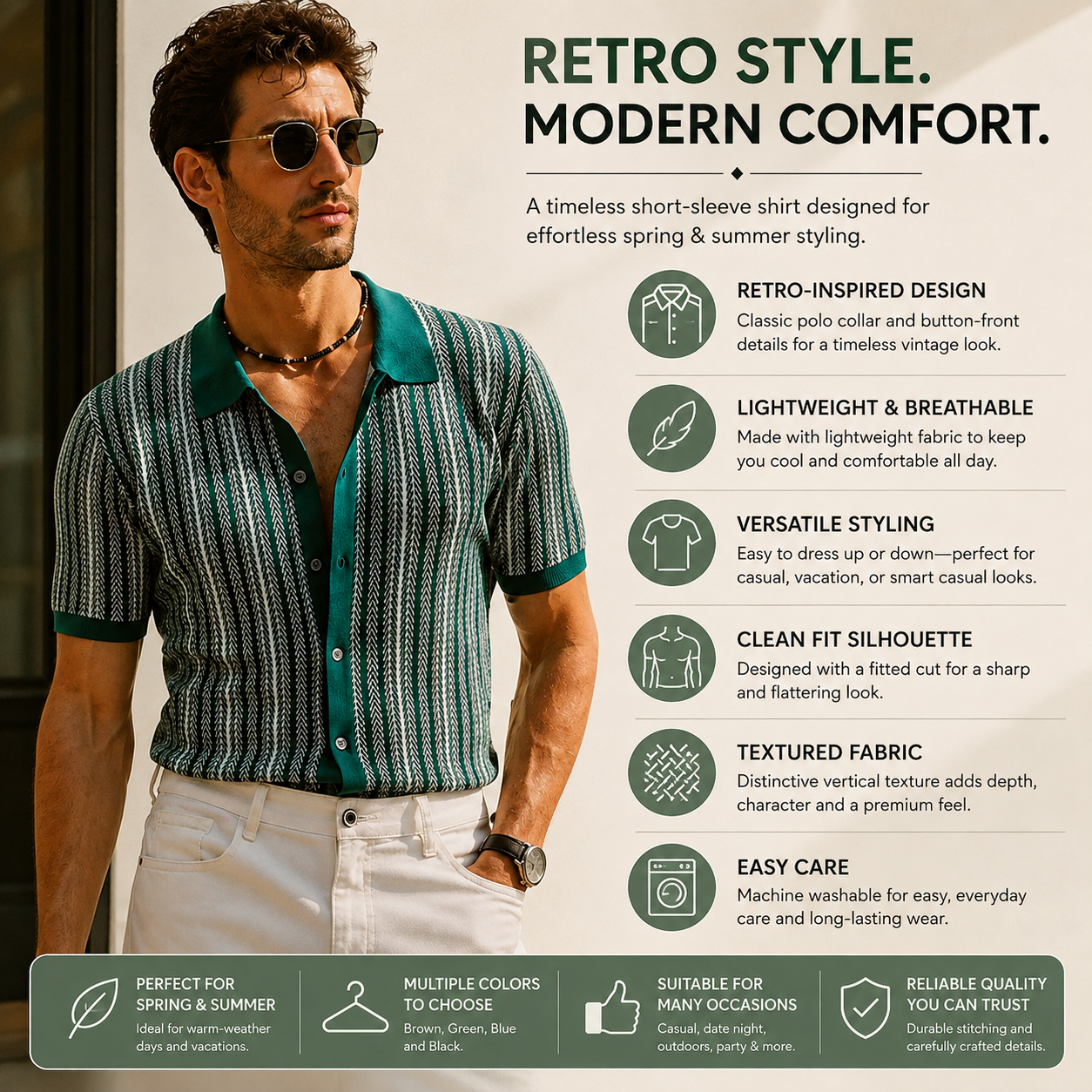 Men’s Vintage Striped Knit Polo Shirt – Retro Button-Front Short Sleeve Top