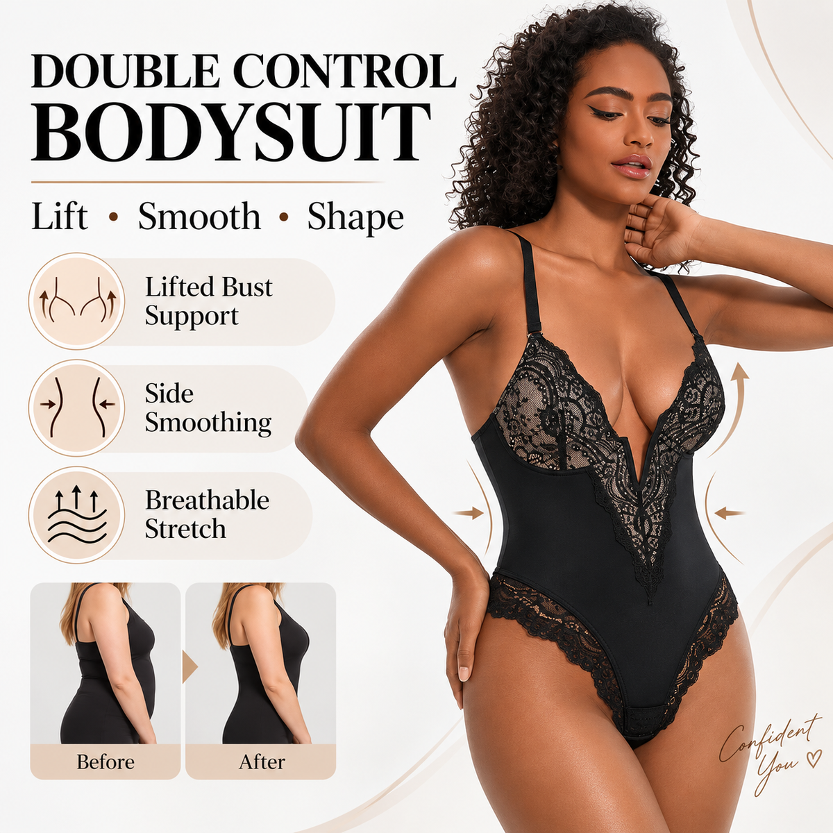 Double Control Lace V-Neck Bodysuit | Shapewear & Tummy Control