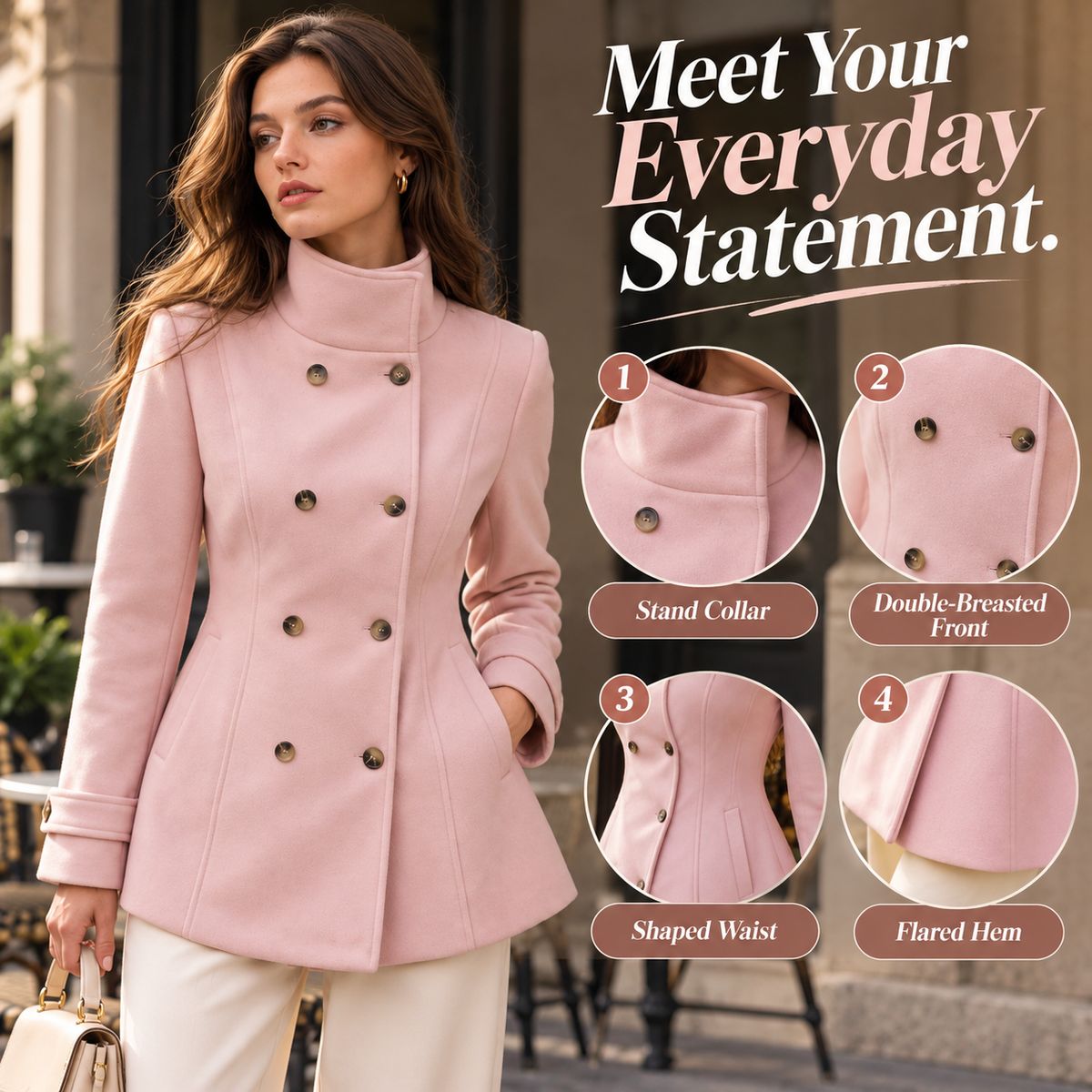🌸 Women's Elegant Double-Breasted Coat – Flattering Tailored Waist, Stand Collar & Flared Hem