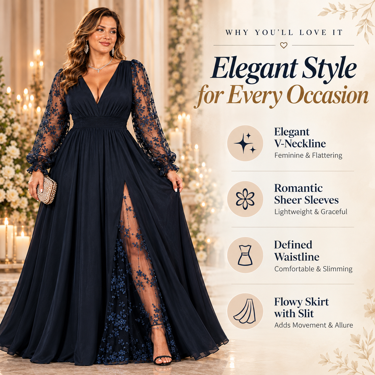 Plus Size Lace Sleeve Deep V-Neck A-Line Maxi Dress
