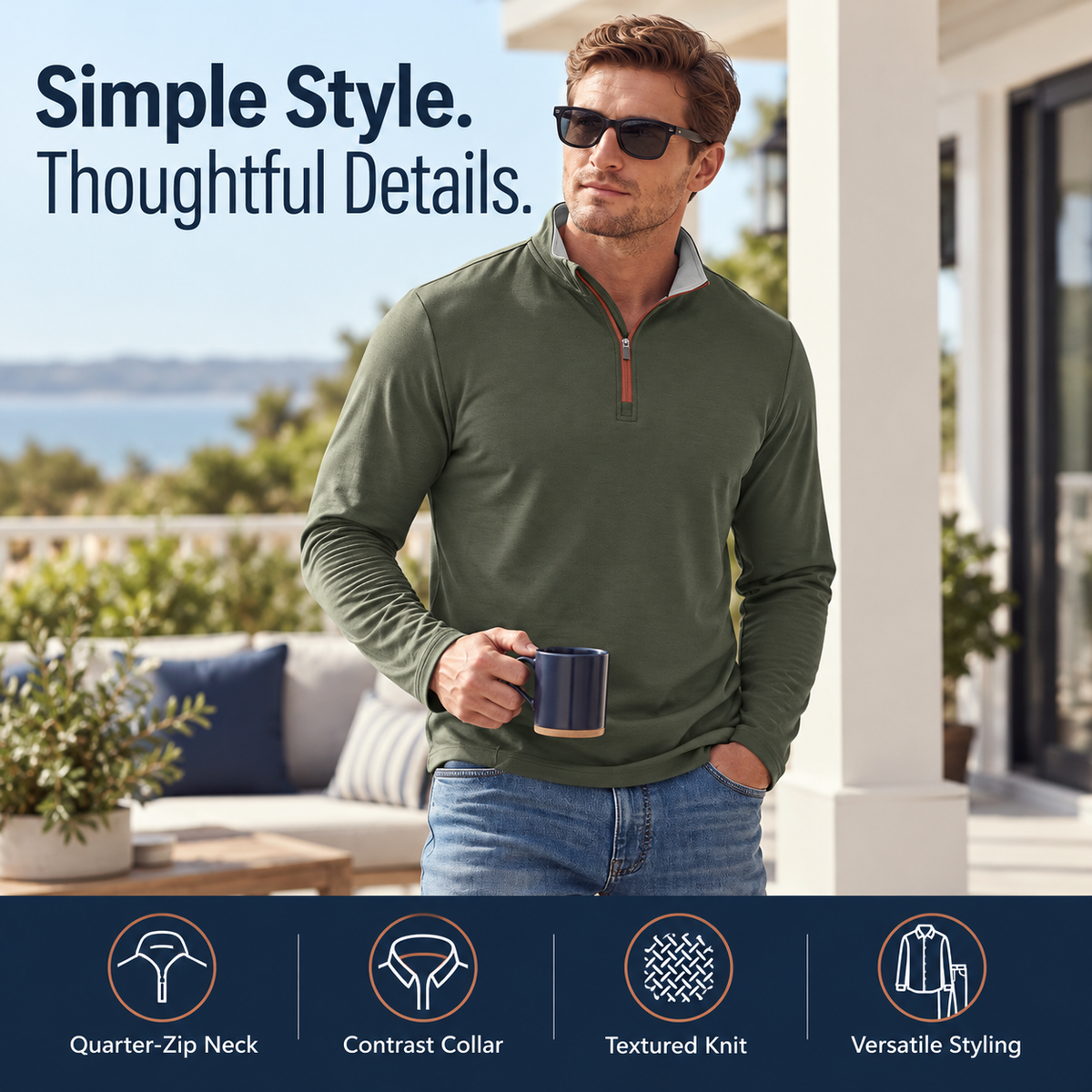 Men’s Quarter-Zip Pullover with Contrast Trim