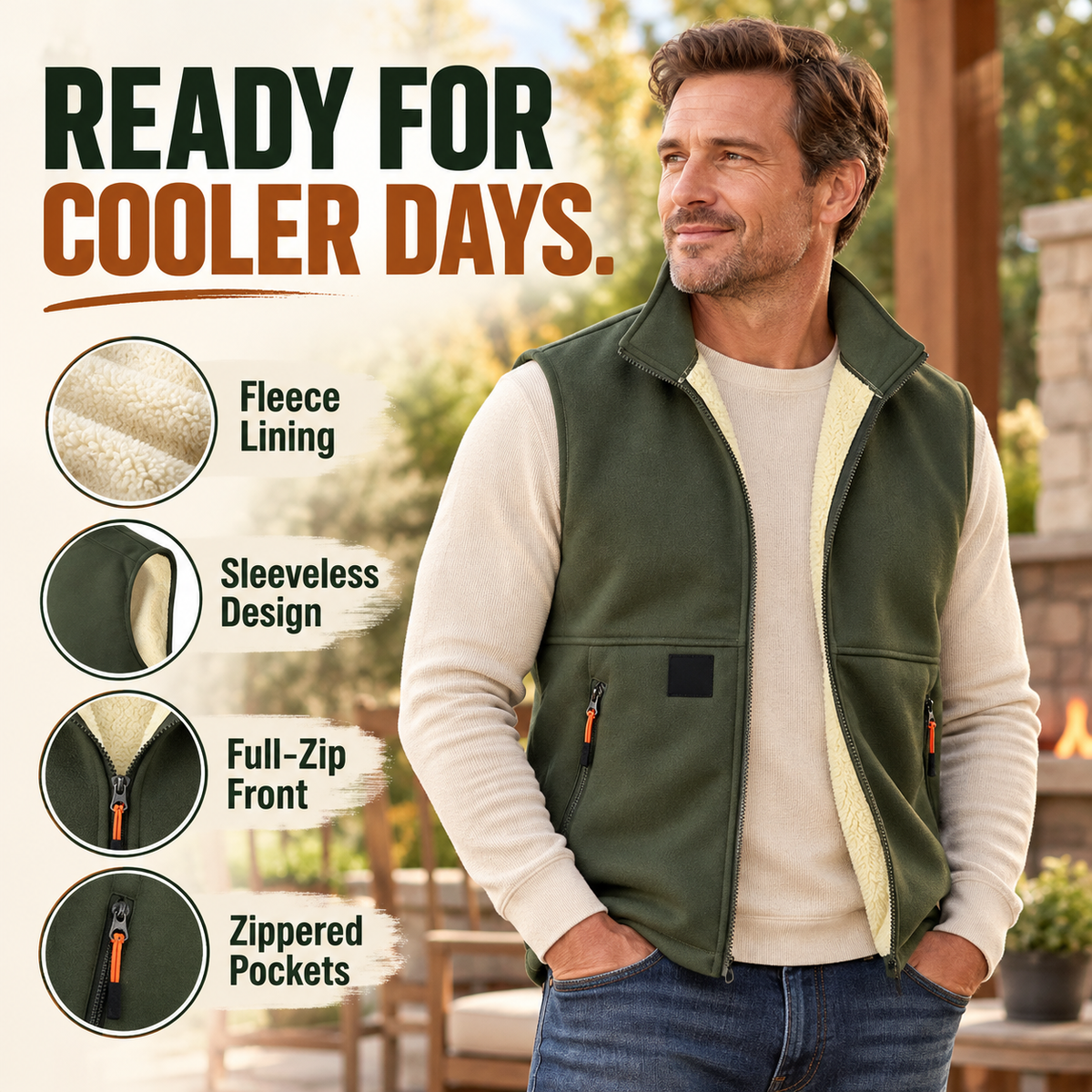 ❄️ Men’s Fleece-Lined Full-Zip Vest with Stand Collar & Zippered Pockets