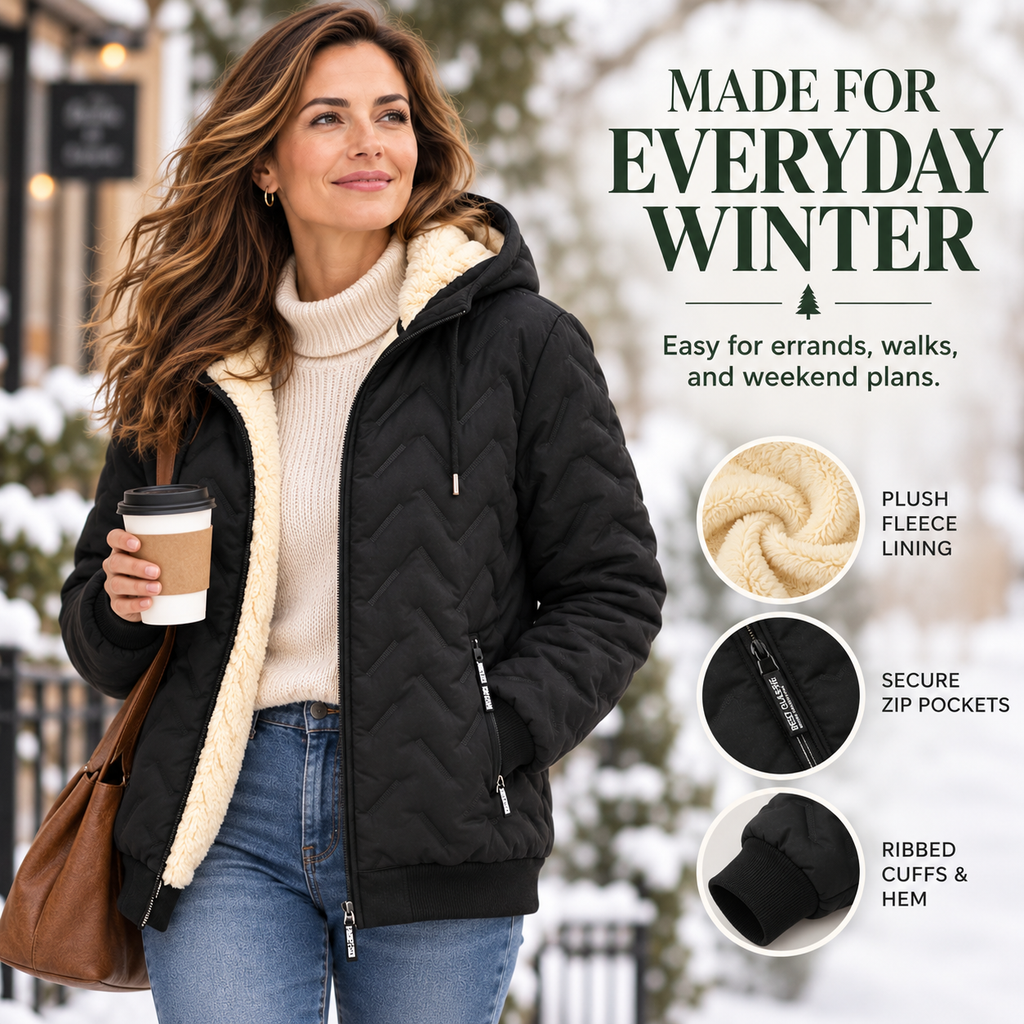 Women’s Thermal Fleece-Lined Winter Jacket | Lightweight Quilted Full-Zip Hooded Coat with Secure Pockets