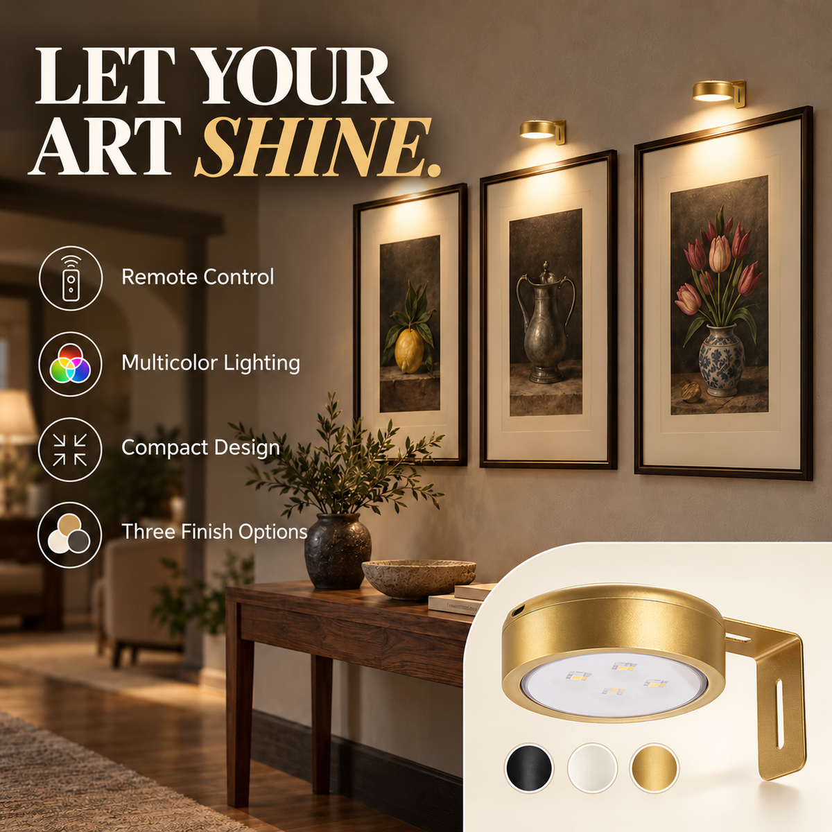 🖼️ Wireless Rechargeable Art & Frame Lights with Remote (Set of 3)