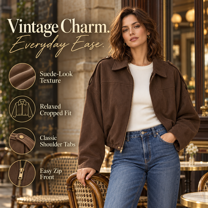 🍂 Women's Vintage Faux Suede Jacket – Oversized Cropped Fit & Zip Front