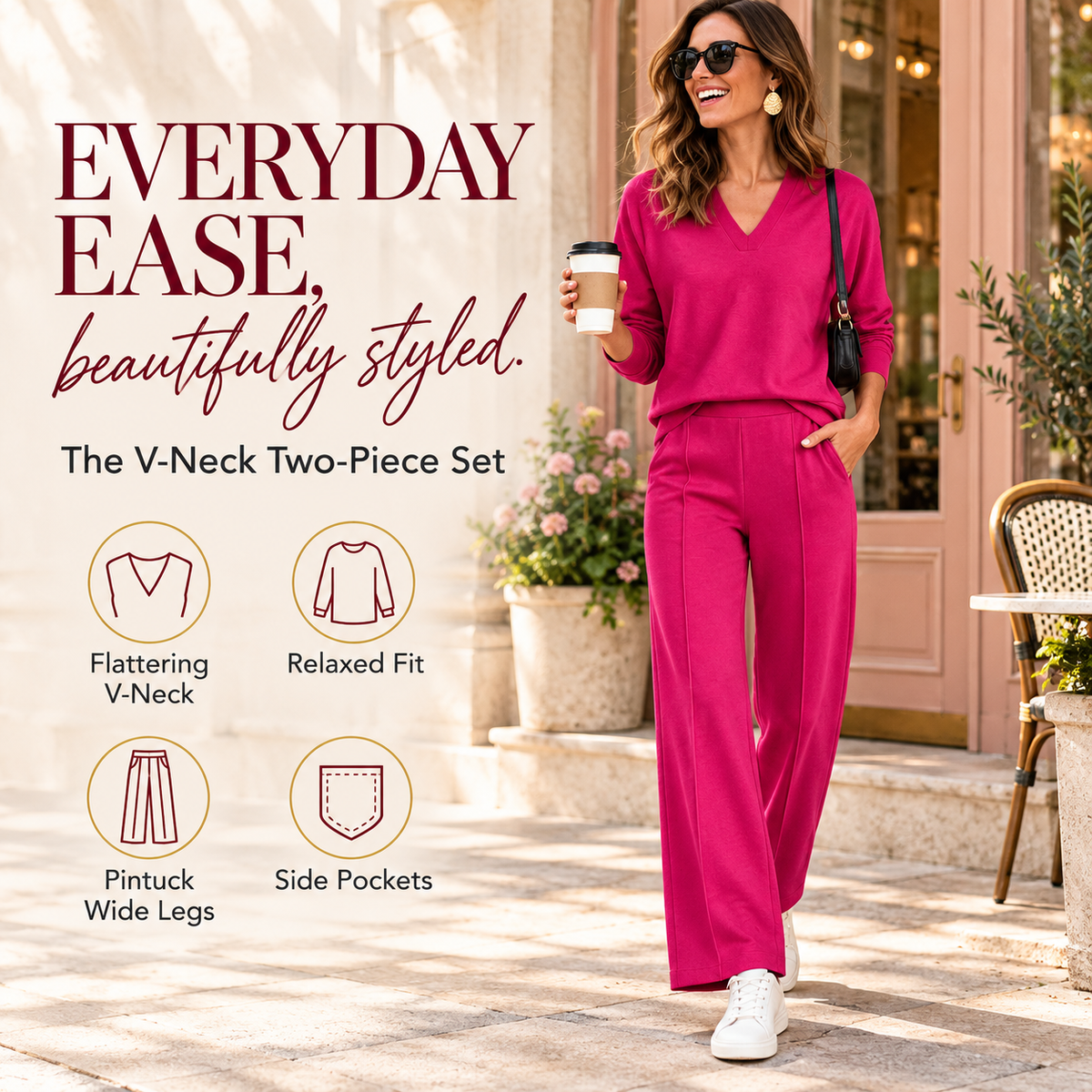 The Tailored V-Neck & Pintuck Wide-Leg Two-Piece Commuter Set