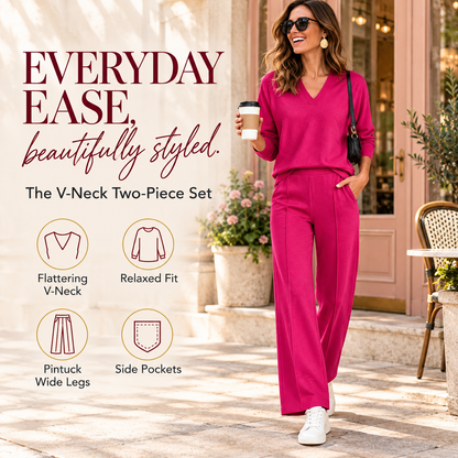 The Tailored V-Neck & Pintuck Wide-Leg Two-Piece Commuter Set