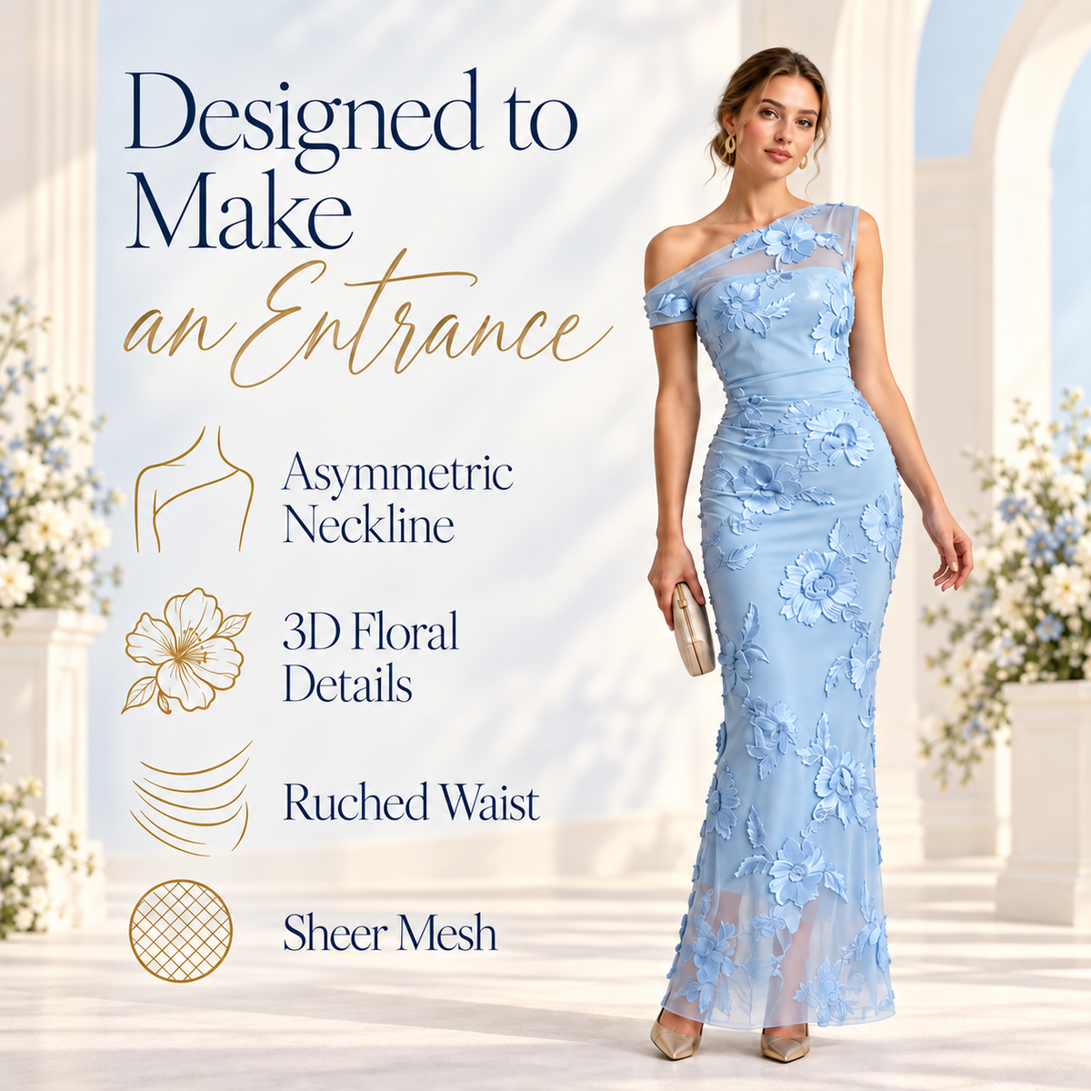 Elegant Asymmetric One-Shoulder 3D Floral Mesh Maxi Dress for Evening Formal Events