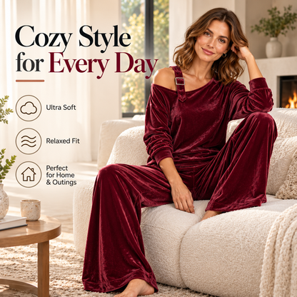 Women's Off-Shoulder Velour Wide-Leg Pants Set
