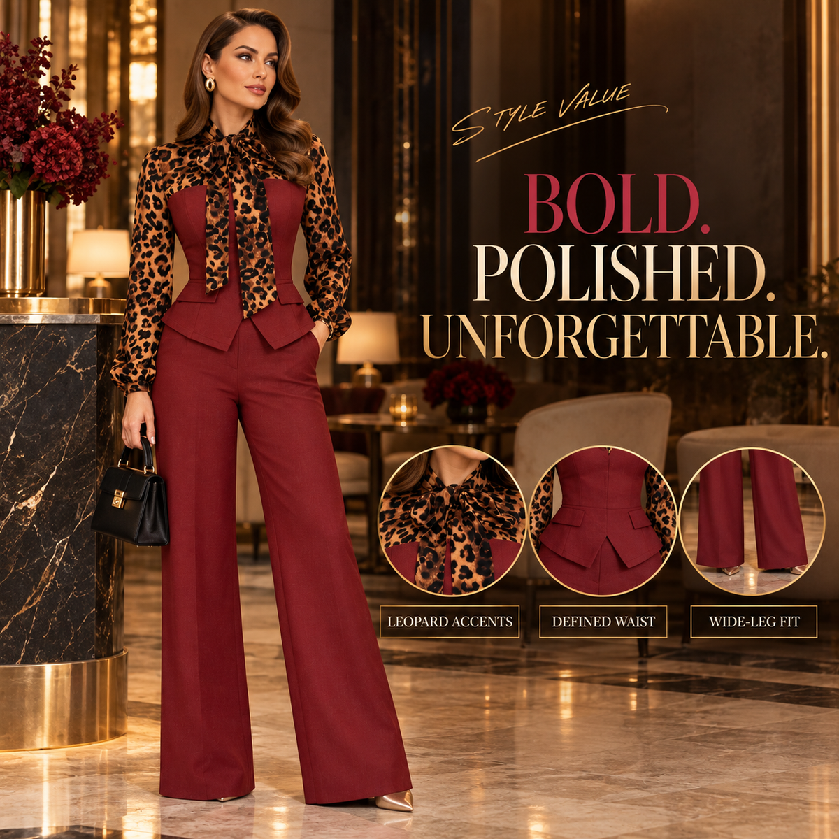 Casual Elegant Leopard Contrast Top & High-Waist Trouser Outfit