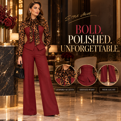 Casual Elegant Leopard Contrast Top & High-Waist Trouser Outfit