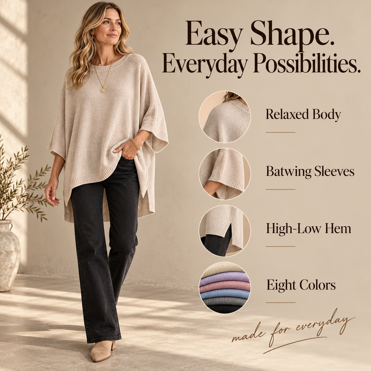 Everyday Relaxed Batwing Knit Sweater - Round Neck Oversized Pullover