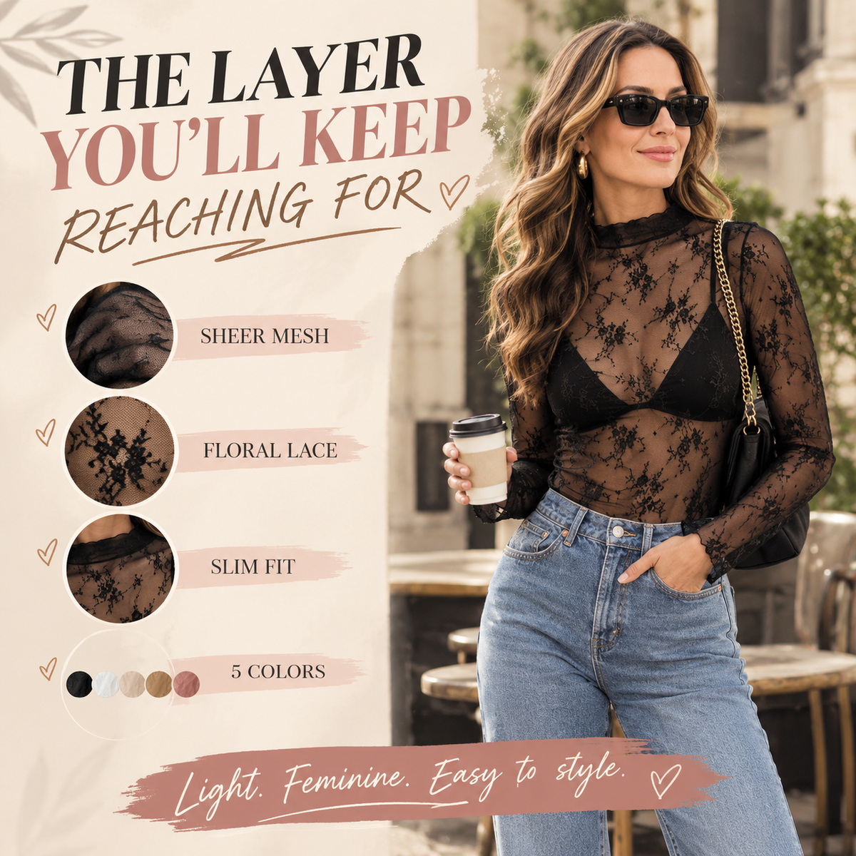 🖤 See-Through Floral Lace Layering Top & Long Sleeve Tee
