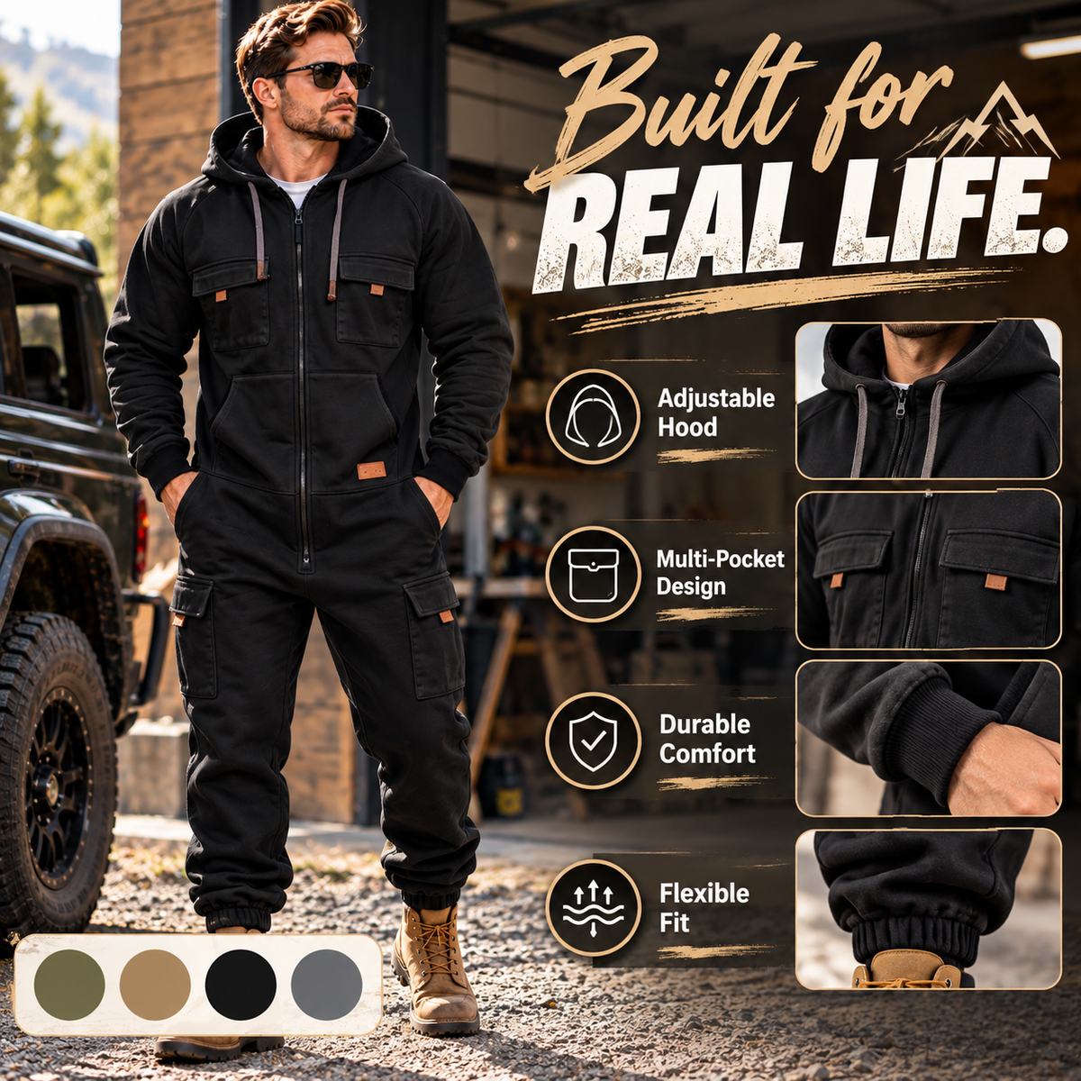 🛠️ Men's Utility Cargo Jumpsuit – Hooded Zip-Front One-Piece Workwear with Multiple Pockets