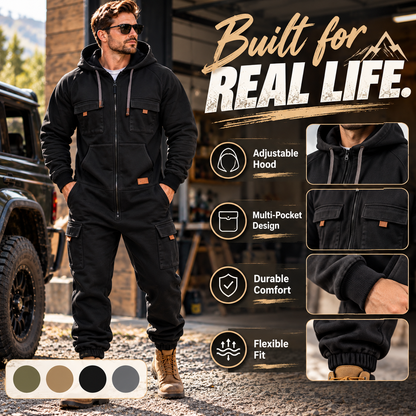 🛠️ Men's Utility Cargo Jumpsuit – Hooded Zip-Front One-Piece Workwear with Multiple Pockets