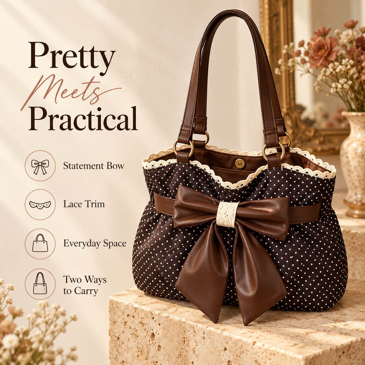 🎀Retro Chic Polka Dot Bow Tote — Vintage Lace Fabric Shoulder Bag & Daily Travel Purse 👜