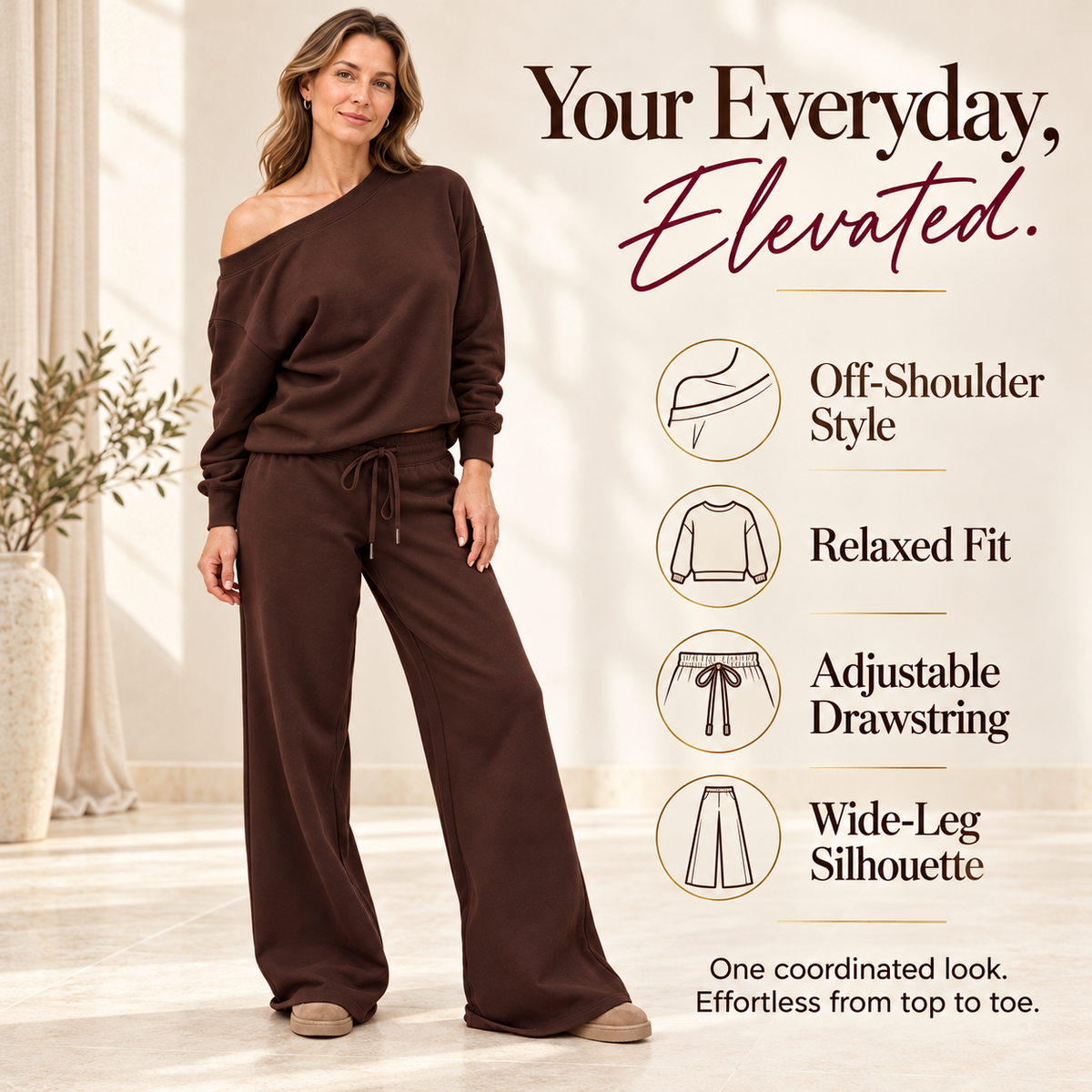 Women's 2-Piece Off-Shoulder Lounge Set – Wide Leg Pants & Sweatshirt